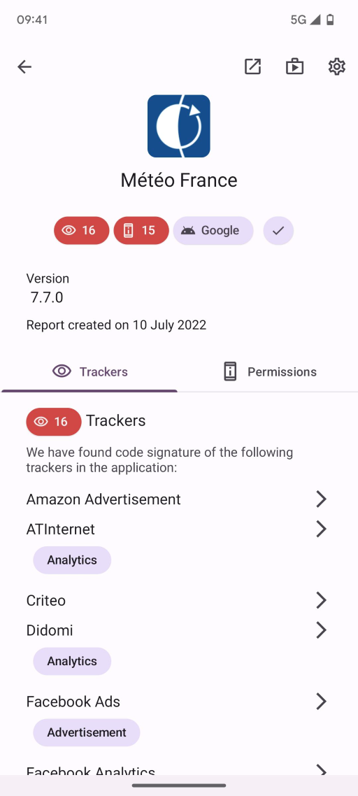 Overview 2 of the εxodus Android application - Tracker details for an application